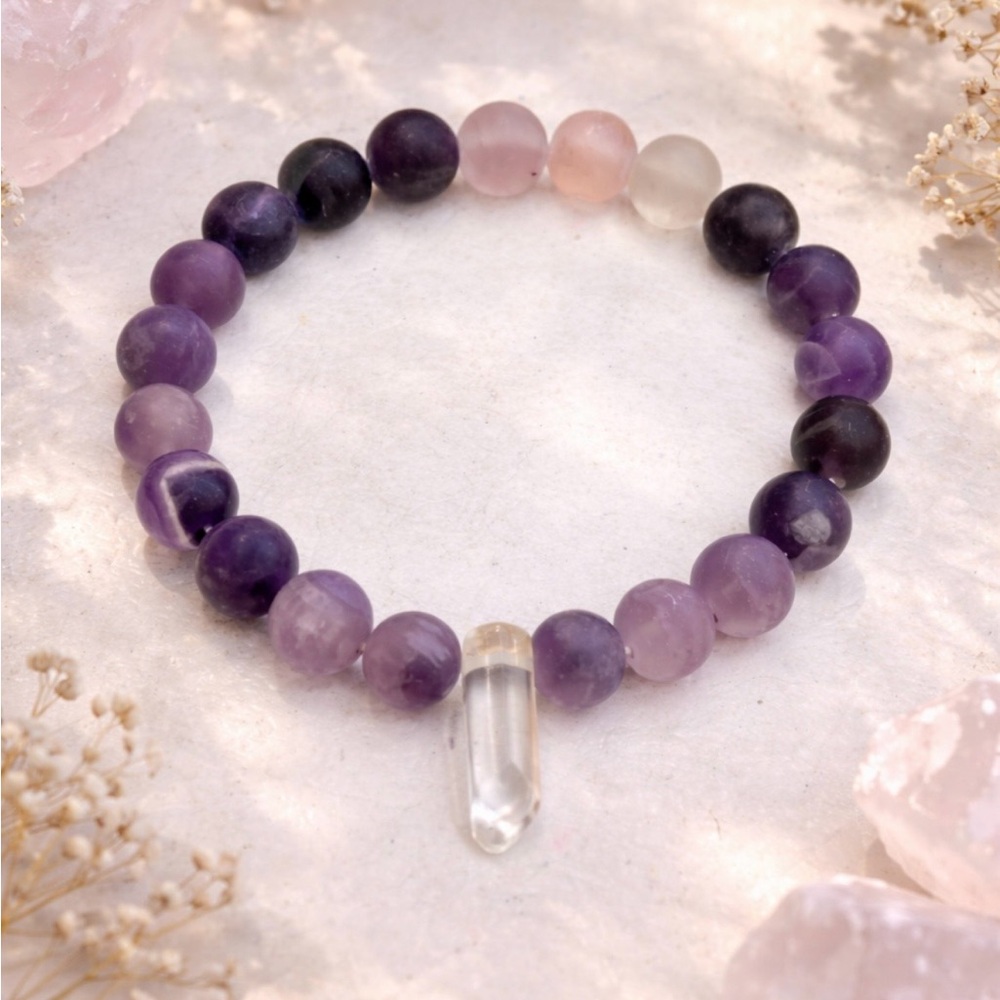 Amethyst & Rose Quartz Beaded Bracelet w/ Quartz Point Charm Frosted Stretch - Picture 2 of 4